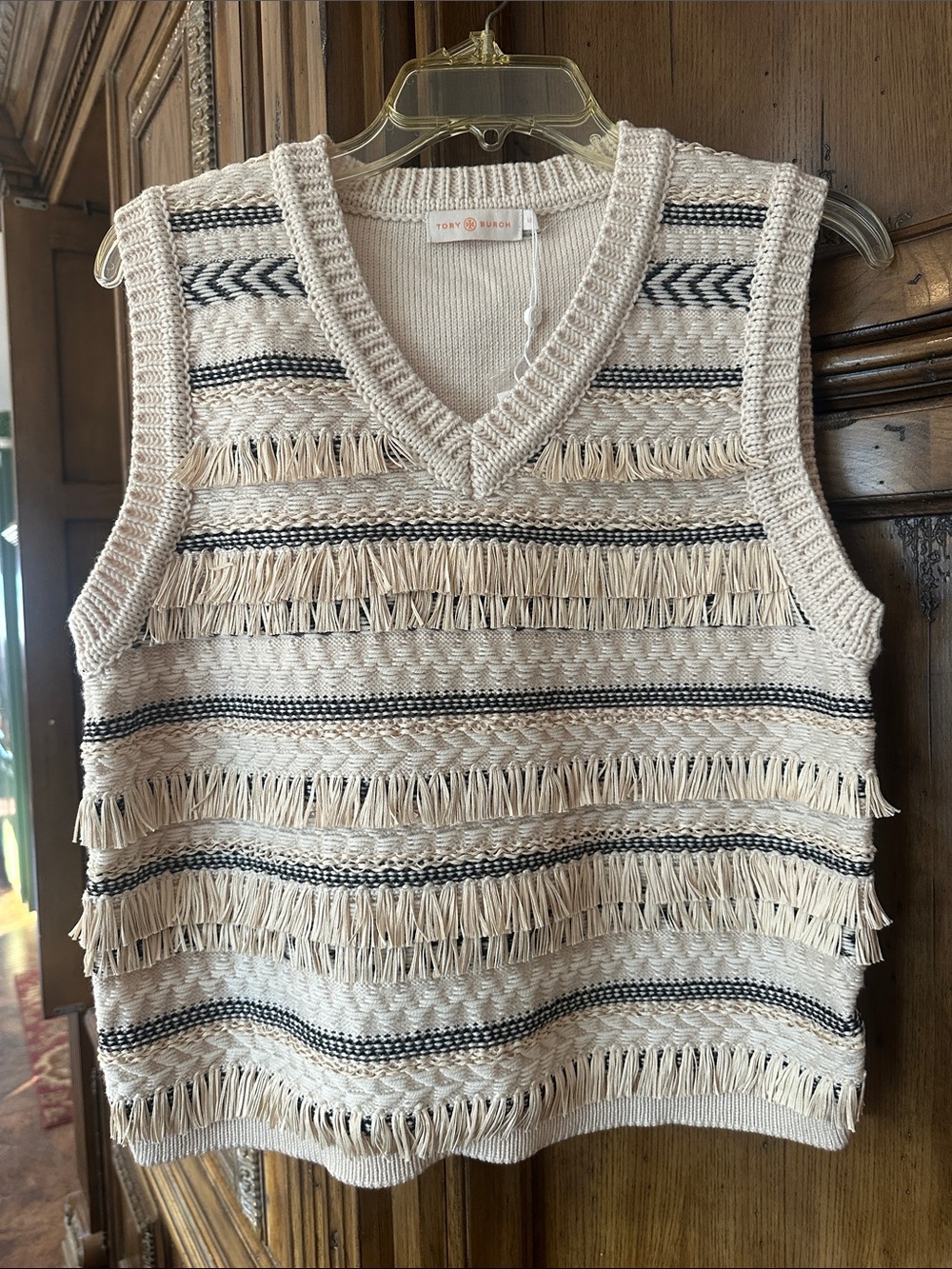Tory Burch Cream V-Neck Fringe Knit Sweater Vest with black Stripes